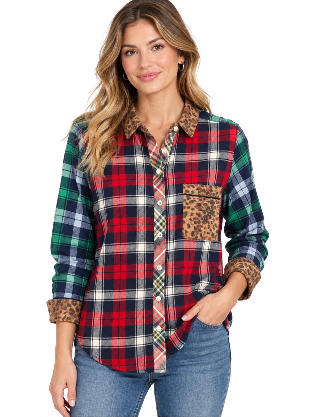 Mixed Plaid and Leopard Trim Button-Down Shirt - Red/Green Plaid - 1095